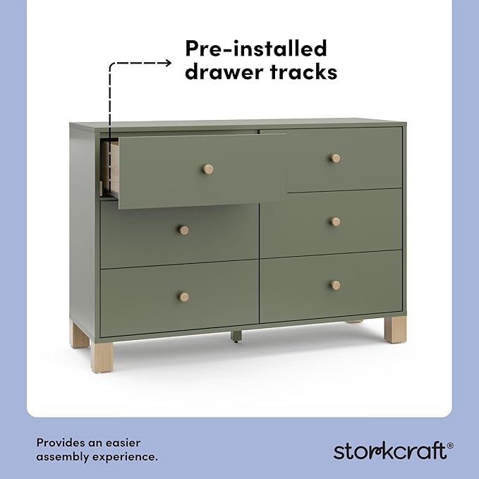 Storkcraft California 6-Drawer Double Dresser (Olive with Driftwood) - GREENGUARD Gold Certified, Interlocking Drawer System, Dresser Drawer Organizer for Kids Bedroom