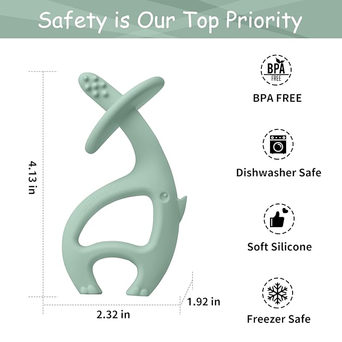 Teething Toys 3 Months Up with Clip Strap, Mombella Elephant Teethers for Babies3 Months+, Soft Silicone Infant Chew Toy, Baby Teething Relief, Ideal Newborn Gifts, Green