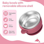 2 Pack Stainless Steel Baby Bowls with Suction, Toddler Bowls with Removable Silicone Shell for Kids, Non-Slip Toddler Baby Feeding Set Dishwasher Safe-Gray & Red