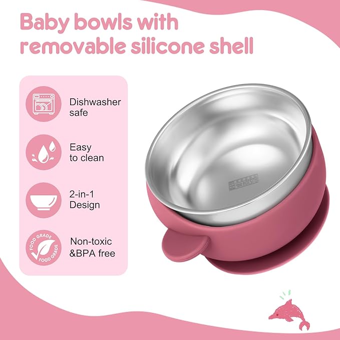 2 Pack Stainless Steel Baby Bowls with Suction, Toddler Bowls with Removable Silicone Shell for Kids, Non-Slip Toddler Baby Feeding Set Dishwasher Safe-Gray & Red
