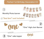 1st Birthday Photo Banner Decorations Monthly Milestone Photograph Bunting Garland with First Birthday Cake Topper High Chair Banner 1st Birth Decorations