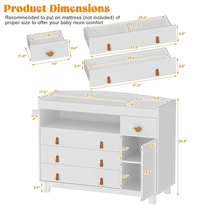 Baby Dresser with Changing Table Top, Baby Changing Table Dresser with 4 Drawers and Adjustable Shelves, Multi-Functional Diaper Changing Station, Nursery Organizer for Kids Bedroom, White