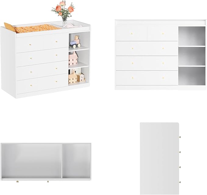 Nursery Dresser Changing Table Dresser with Changing Top Diaper Changing Station with 5 Drawers and 3 Shelves for Children's Room，White