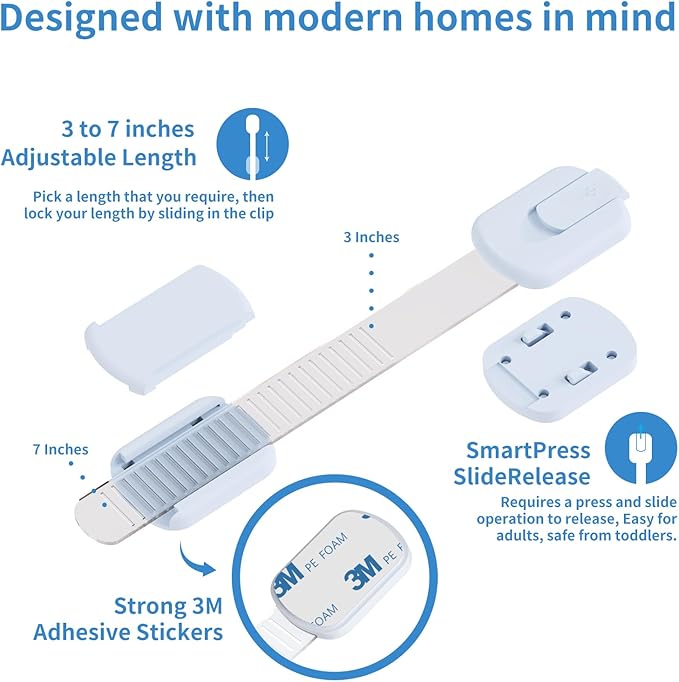10-Pack Child Safety Cabinet Locks，Adjustable No Drilling Baby Proofing Strap Latches for Drawers,Cupboard,Cabinets,Fridge,Toilet Seat,Door,Closet–No Tool Easy 3M Adhesive Installation