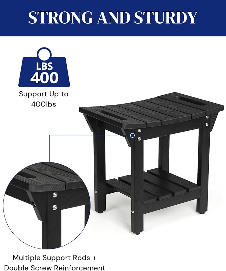 Waterproof Shower Bench, Poly Lumber Shower Stool for Shaving Legs, Shower Chair Seat with Storage Shelf and Handles, Bathroom Bench for Inside Shower, Non-Slip (Black)