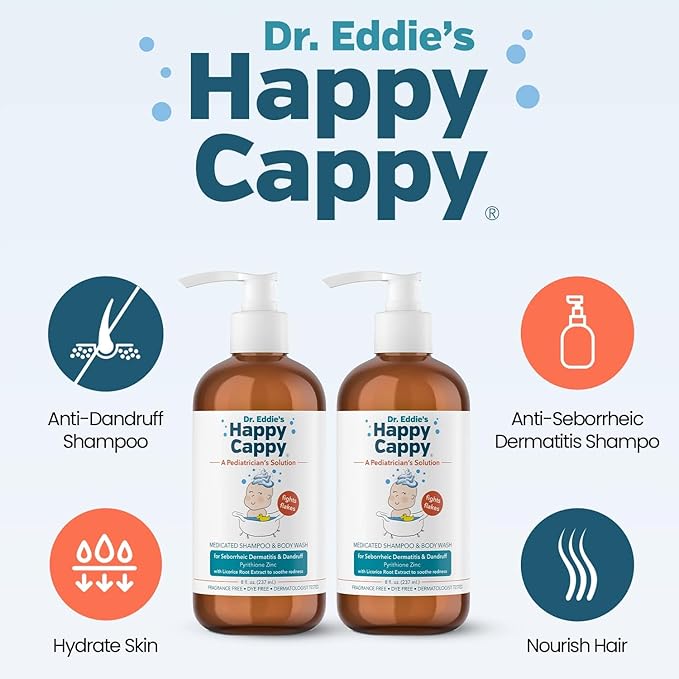 Happy Cappy Medicated Shampoo and Body Wash- Baby Dandruff Shampoo, Helps Cradle Cap and Seborrheic Dermatitis, Reduces Redness, Dermatologist Tested, Fragrance-Free- 8 Fl Oz (Pack of 2)