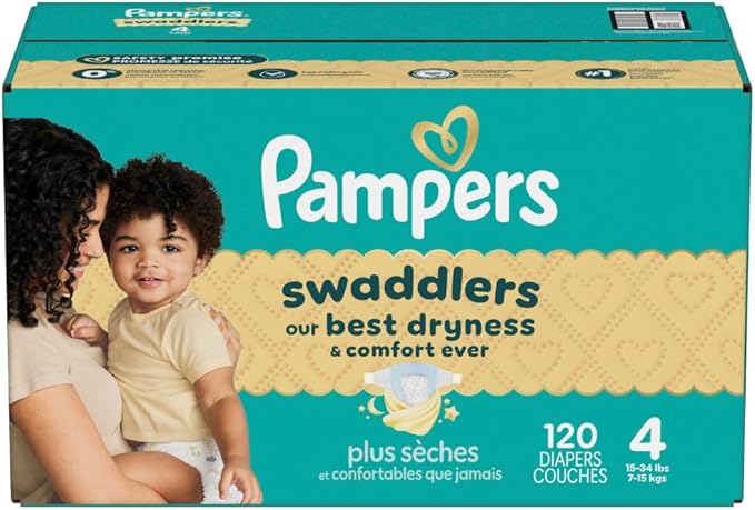 Pampers Swaddlers Diapers, Size 4 (15-34 lbs), 120 Count, Absorbent, Keeps Baby Dry and Comfortable, Skin Safe Disposable Baby Diaper (Packaging May Vary)