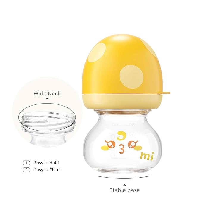 YOHKOH Newborn Glass Baby Bottles with Slow Flow Nipple for 0+ Months, Wide Neck Feeding Bottle, 2.7oz/80ml (Yellow, 2.7oz (Pack of 4))