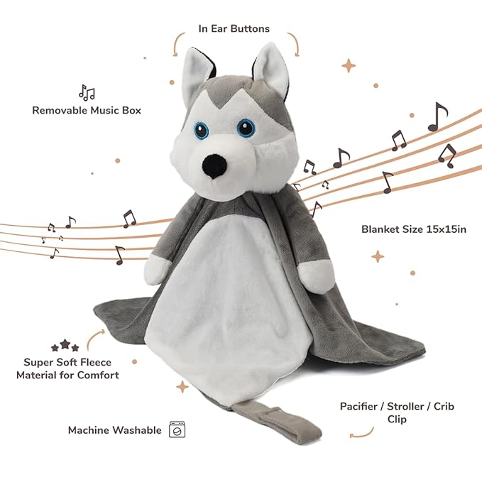 Love By Emi Baby Music Lovey Grey & White Husky, Baby Sleep Soother for Crib & Cuddle Bedtime, White Noise with Heartbeat & Lullaby, Plush Sound Toy, Stuffed Animal for Newborns, Infants & Toddlers