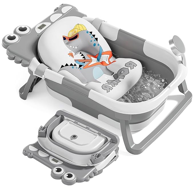 TPN Collapsible Baby Bathtub, Baby Bath Tub with Soft Cushion & Real-Time Thermometer, Baby Bathtub Infant to Toddler Tub (0-36 Months), Portable Travel Baby Tubs for Newborns (Grey)