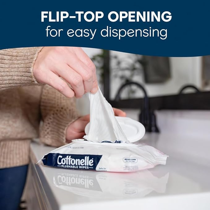 Cottonelle Fragrance Free Flushable Wet Wipes, Adult Wet Wipes, 8 Flip-Top Packs, 42 Wipes Per Pack