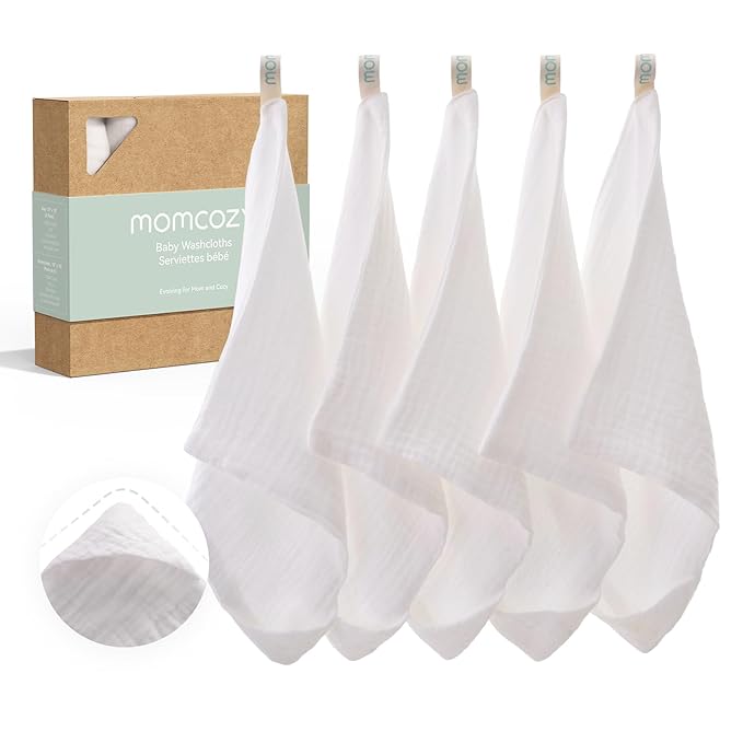 Momcozy Soft & Absorbent Baby Washcloths - 4 Layer Design| Medium Thickness| Premium Cotton for Newborns' Skin-Great for Bathing, Wiping & on-The-go Use, Shower Gift and Essential(5 Pack, 10x10 inch)