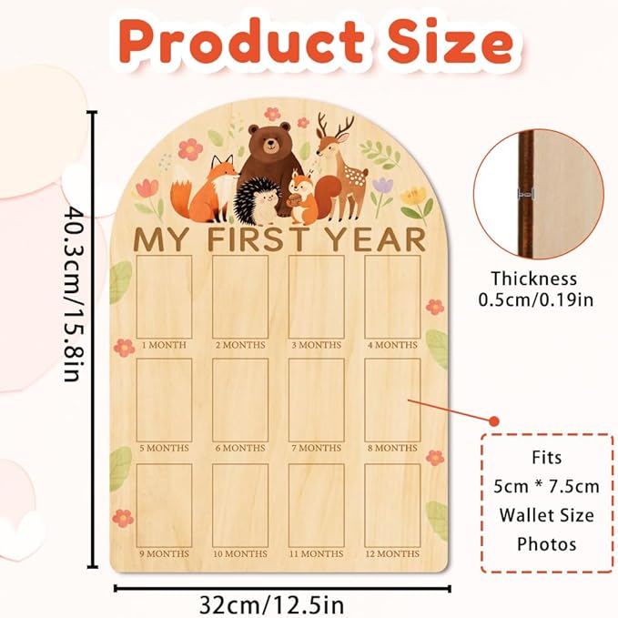 ORIGACH My First Year Baby Growth Photo Display Wood Board - 12 Months Newborn Milestones Photo Board - Neutral Baby Keepsake Frame 1st Birthday Party Nursery Decor New Mom Gift - Forest Animals