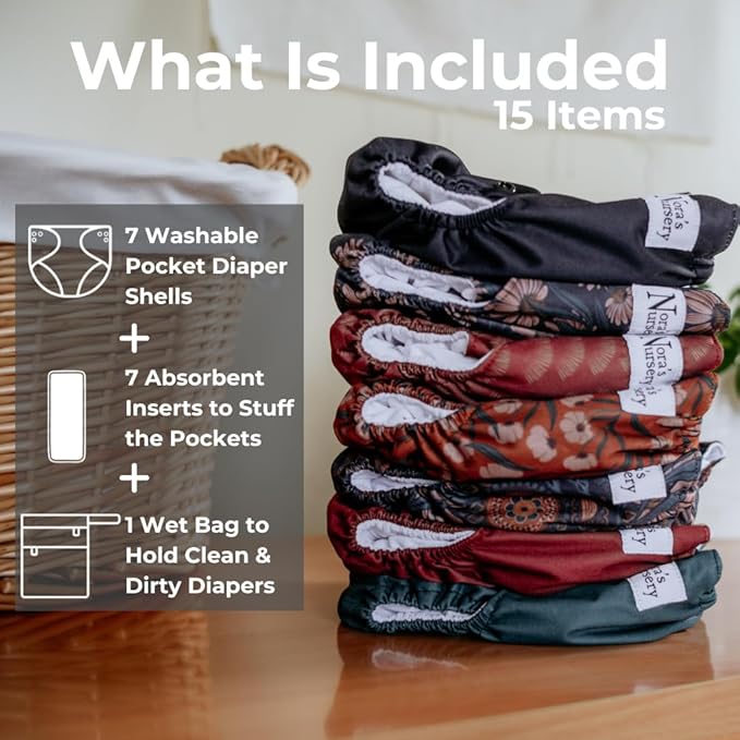 Nora's Nursery AWJ Cloth Diapers 7 Pack with 1 Wet Bag - Waterproof Cover, Washable, Reusable & One Size Adjustable Pocket Diapers for Newborns and Toddlers - Dahlia