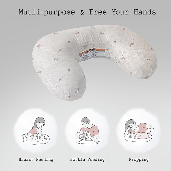 Little Grape Land Muslin Nursing Pillow, Soft 100% Cotton Breastfeeding Pillow with Breathable Cotton Removable Cover, Fog Flower Breast Feeding Pillows for Babies 0-12 Months with Protective Zipper