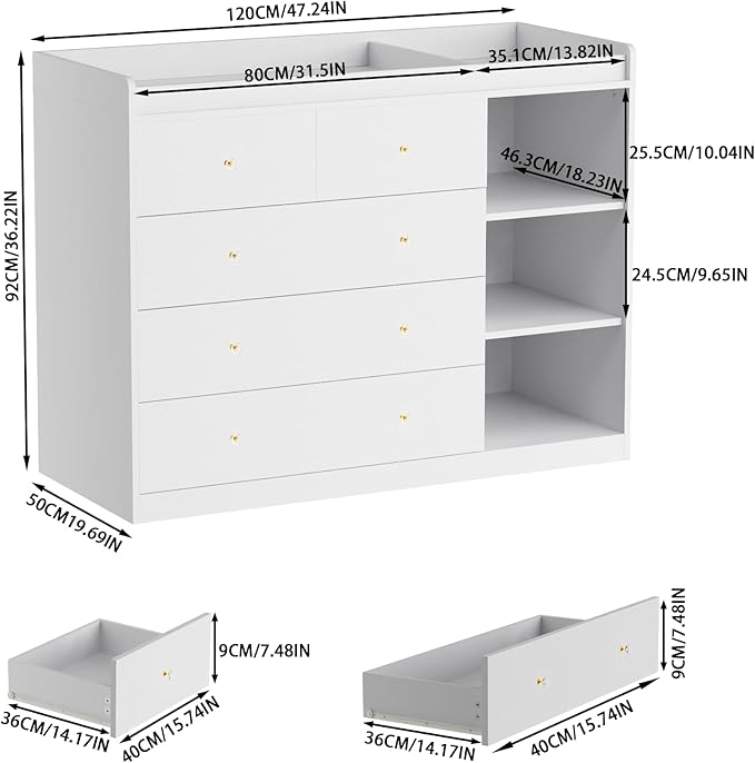 Nursery Dresser Changing Table Dresser with Changing Top Diaper Changing Station with 5 Drawers and 3 Shelves for Children's Room，White