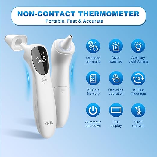 Ear Thermometer for Adults and Kids, Infrared Digital Thermometer - with Fever Alarm and Auxiliary Light, 1 Second Reading, No-Touch Forehead Ear 2 in 1 Mode，Easy to use