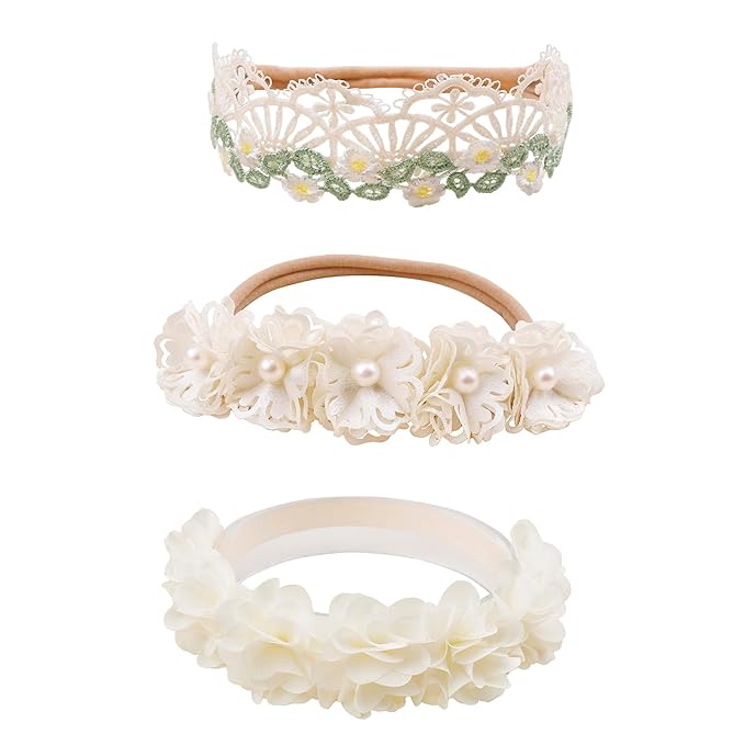 Baby Girl Nylon Headbands Flower Hair Bows Accessories-Elastic Hair Band Crown Handmade FLoral Wraps Birthday Gifts for Girls Newborn Infant Toddler 3Pcs