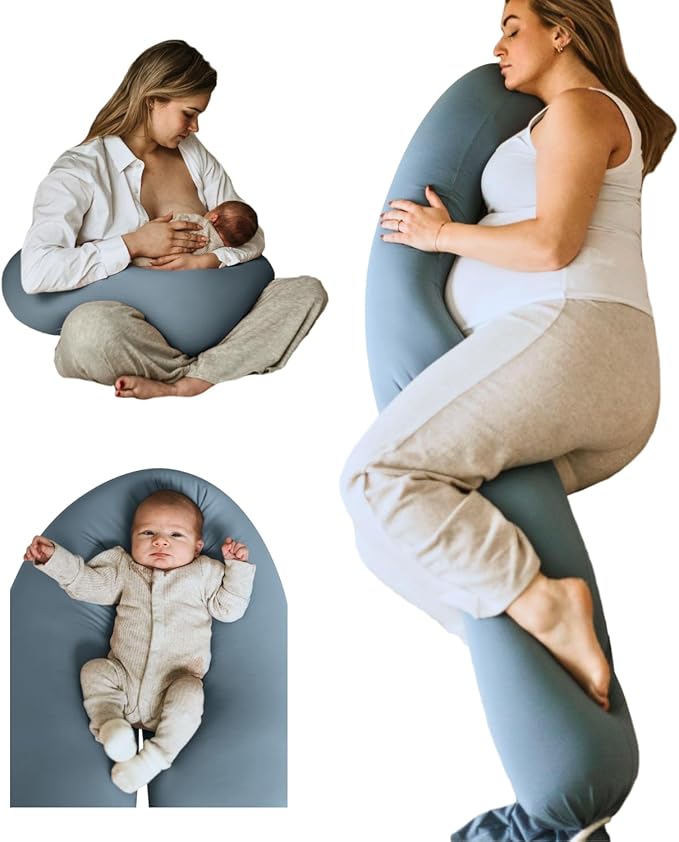 Pregnancy Pillow 5-in-1 【Cooling Cover, Adjustable to Grow with Belly】 Beanbag Style, Lockable O-Shape Nursing Maternity Pillow, 5-Point Full Body Support for Side Sleepers, with Travel Bag - Blue