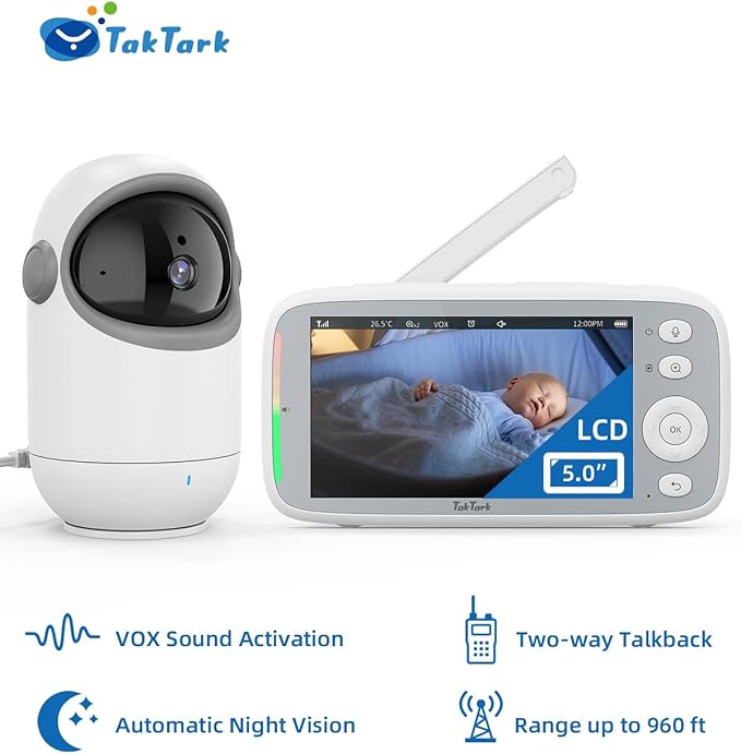 TakTark Baby Monitor, 5" 720P HD Baby Camera with IPS Screen, Remote Pan & Tilt, 2 Way Audio, Night Vision, Digital Zoom, VOX Sound Detection, Ideal for New Parent