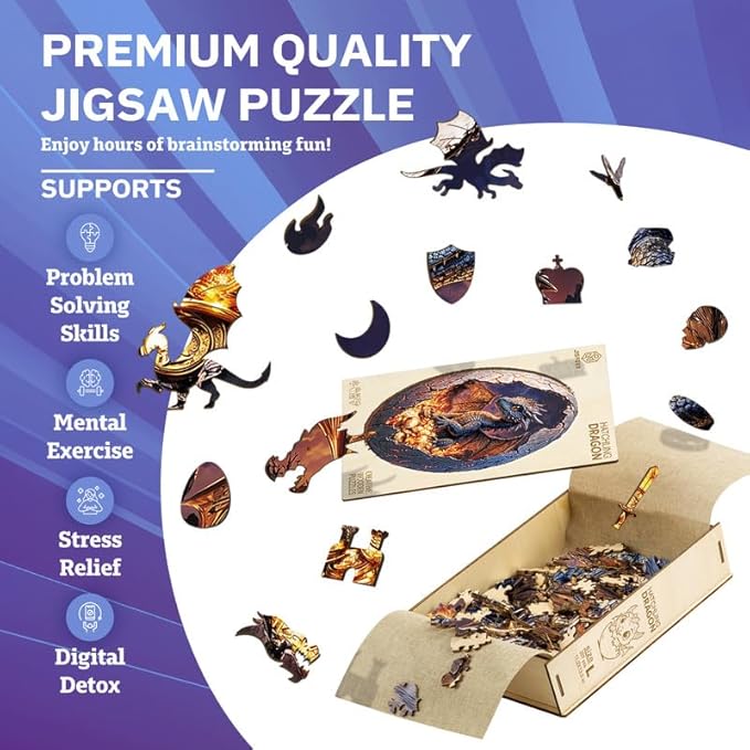 Jigfoxy Wooden Puzzle for Adults, Hatchling Dragon Wooden Jigsaw Puzzles for Adults, Unique Animal Shape Wood Cut Puzzles for Family Friend Puzzle Lovers(S-8.4 * 6.9in-111pcs)
