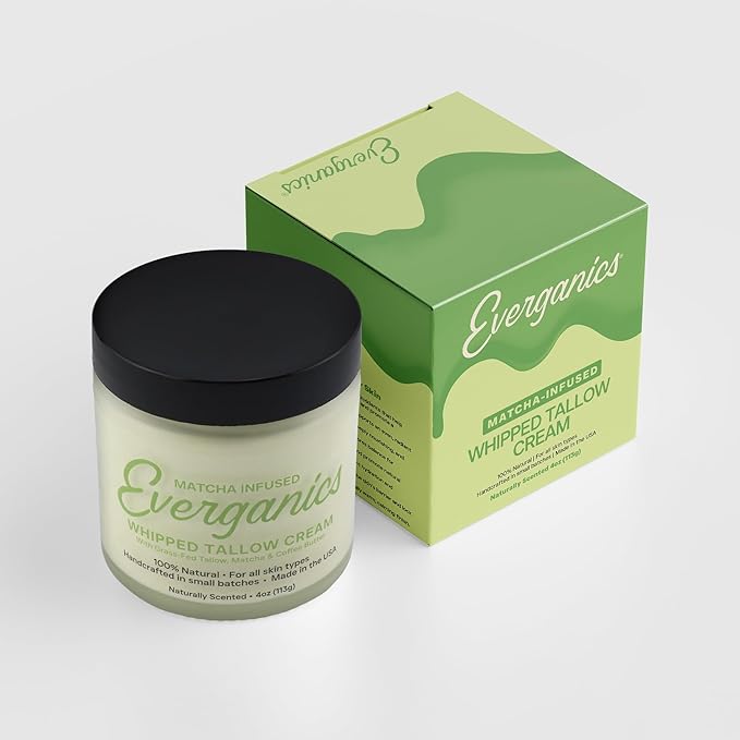 | Organic Matcha-Infused Whipped Tallow Cream for Skin | Grass-Fed Beef Tallow Natural Moisturizer for Face & Body | Made in USA | 4 oz (Large Size)