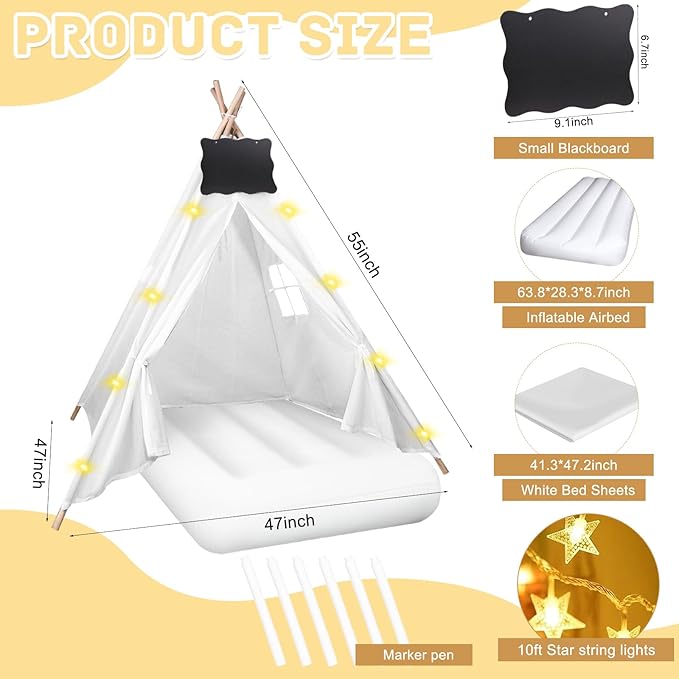 6 Pcs Kids Teepee Tent Bulk with Light String Inflatable Airbed Bedding Fitted Sheet and Markeable Small Blackboards for Boys Girls Indoor Outdoor Slumber Party (White)