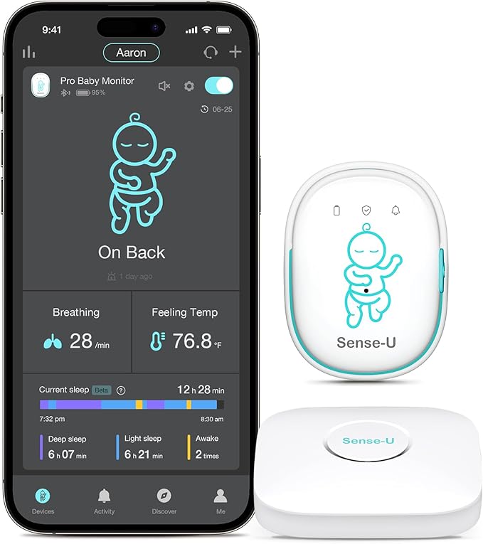 Sense-U Pro Baby Monitor(Long Range) – Tracks Breathing Movement, Rollover & Temperature Anywhere for Better Sleep, Simple Clip-On Smart Tracker with Arousal Vibration, Audible Alerts & Sleep Analysis