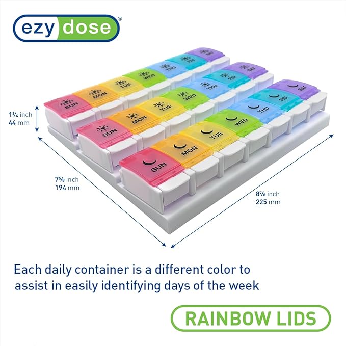 EZY DOSE Weekly (7-Day) Pill Case, Daily Medicine Planner, Vitamin Organizer Container, Large Push Button Compartments, Easy to Use, 3 Times a Day, Spring Open Design, Rainbow Lids, BPA Free
