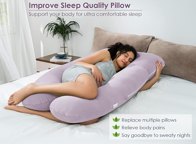 QUEEN ROSE Cooling Pregnancy Pillows, U Shaped Full Body Maternity Pillow for Pregnant Support, Rayon Derived from Bamboo, Buttery Soft, Super Breathable for Hot Sleeper, Purple