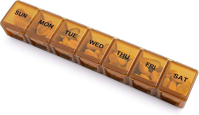 BUG HULL Weekly Pill Organizer Large 2 Packs, Extra Large Travel Pill Organizers, Pill Box 7 Day, Travel Pill Case, Medicine Pill Organizer for Vitamins, Supplements and Medications (Brown+White)