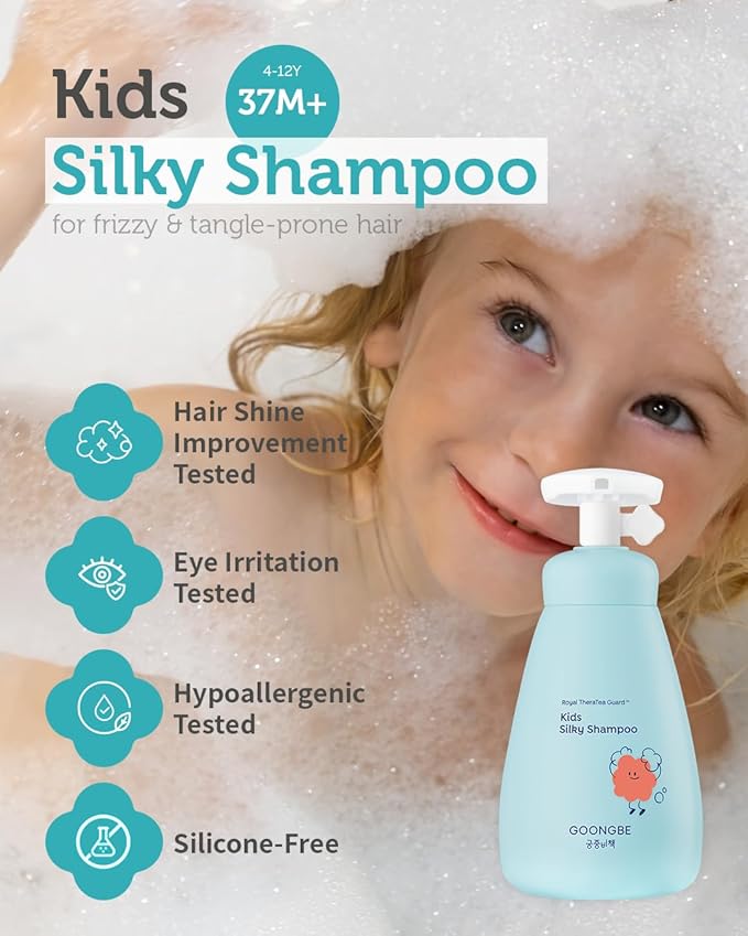 Korean Kids Silicone-Free Silky Shampoo & Conditioner for Weak Frizzy Hair - Glossy Shine & Tangle Prevention - Low pH - Allergen-Free, 10.1oz & 6.76oz