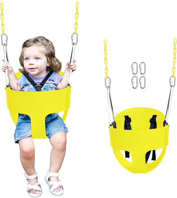 High Back Full Bucket Toddler Swing Seat with 3- Point Adjustable Safety Harness, 66 inch Detachable Chain,Suitable for Babies Aged 6-24 Months，Baby Swing for Swingset (Yellow)
