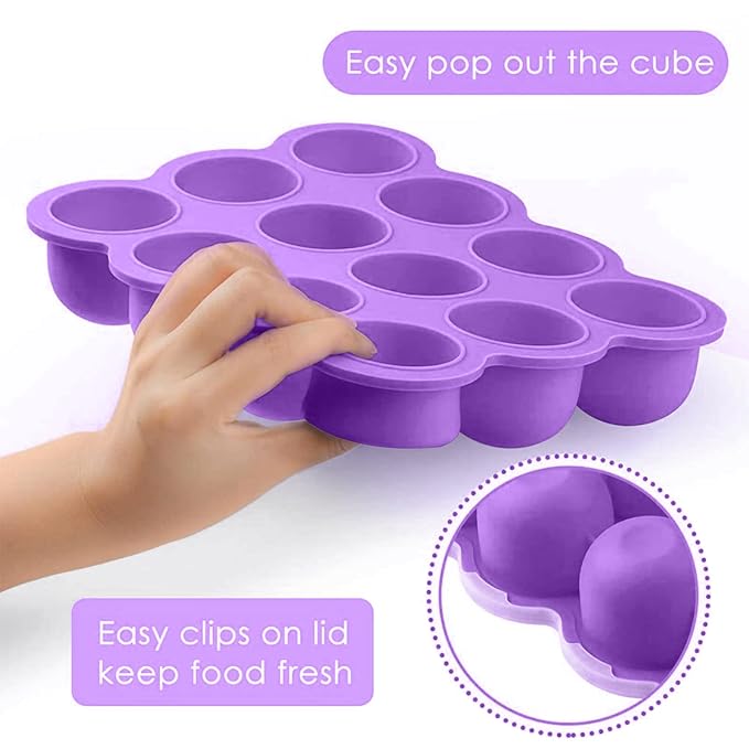 Samuelworld Baby Food Storage Container, 12 Portions x 2.5oz - BPA Free Silicone Freezer Tray with Clip-On Lid for Breast Milk Storage, Homemade Baby Food, Vegetable & Fruit Purees - Purple