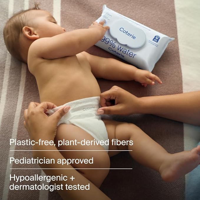 Coterie Baby Wipes for Sensitive Skin, Plant-Based and Plastic-Free Fibers, 99% Water, Hypoallergenic, pH Balanced, Unscented, Clean and Gentle Baby Essentials, 12 Pack, 672 Count