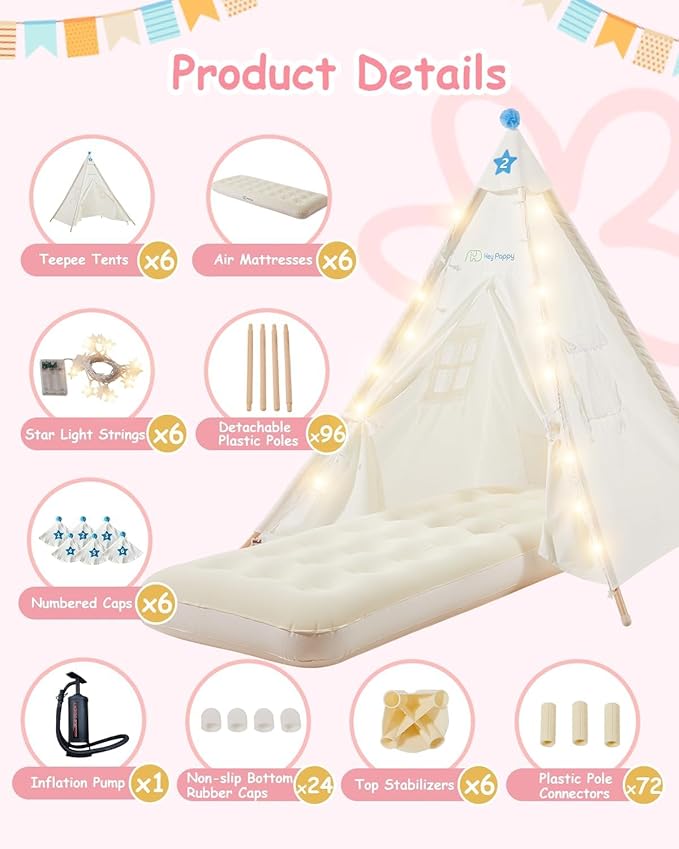 6 Pack Teepee Tent for Kids with Inflatable Airbed, Light, Toddler Tent Children Room Tents, Slumber Party Sleepover Tents, Indoor Outdoor Kids Playtent Playhouse for Girls & Boys