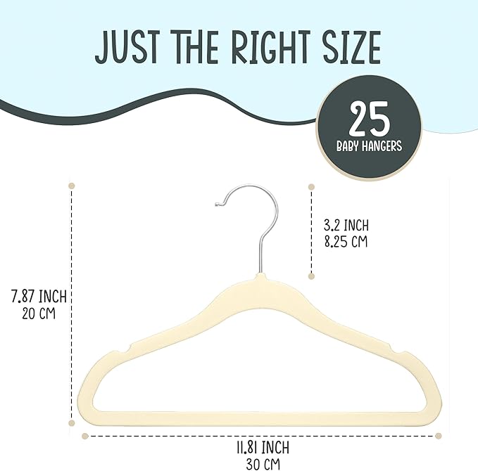 25 Premium Baby Velvet Hangers - 11.8 Inches Non-Slip & Ultra-Slim Baby Hangers for Space-Saving & Children Clothes - 360 Swivel Hook, Strong & Durable Infant & Toddler Clothes Hanger - Beige