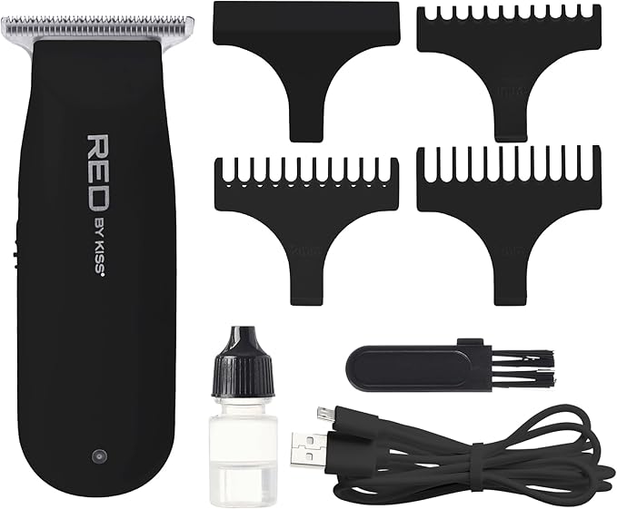 Red by Kiss Hair Clipper, Mini Cordless Hair Trimmer, Long Lasting Hair Cutting Kit, USB-C Rechargeable Haircut Beard Trimming Clippers for Men Women Kids, Portable Grooming Kit (Black)