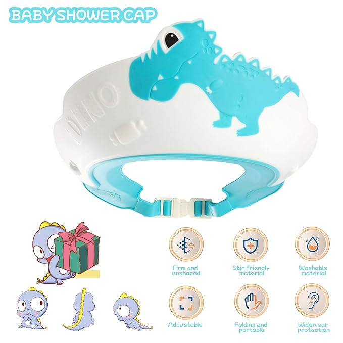 Shower Cap for Kids, Baby Toddler Hair Washing Shield, Visor Hat for Eyes and Ears Protection for 0-9 Years Old Children, Cute shape Shampoo Cap Makes the Baby Bath More Fun (Dinosaur, Blue)
