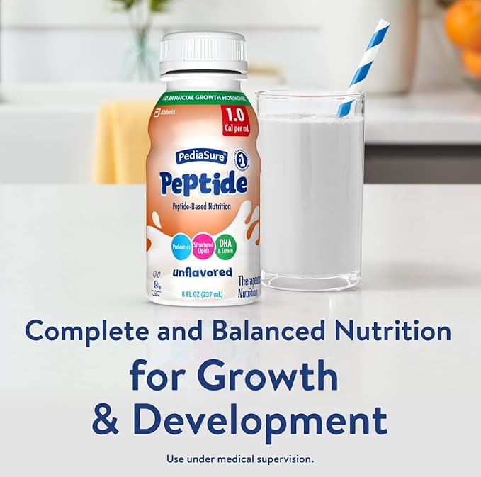 PediaSure Peptide 1.0 Cal, Peptide-Based Formula, Sole-Source Nutrition Drink for Tube Feeding or Oral Nutrition, Unflavored, 8-fl-oz Bottle, Pack of 24