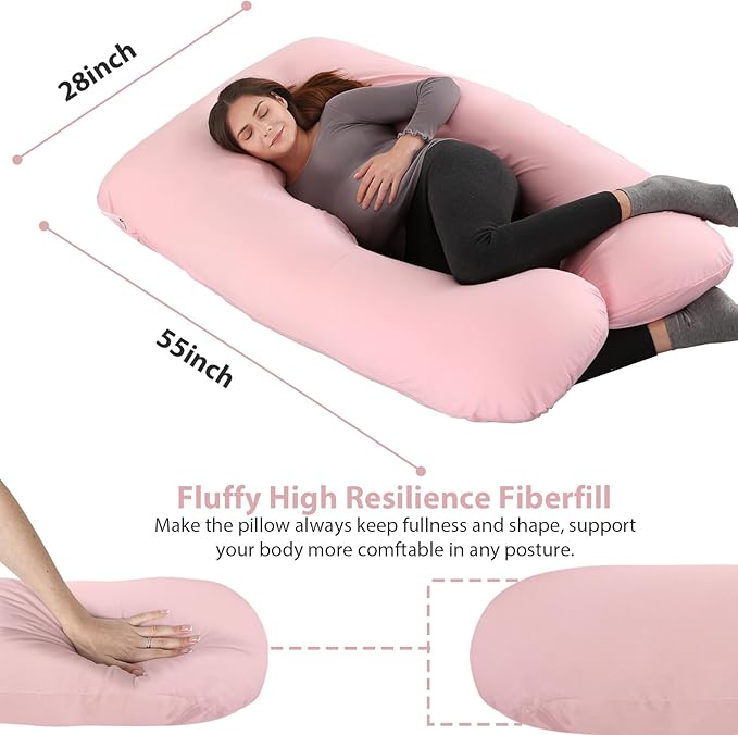 Amagoing Pregnancy Pillow, 57 Inch U Shaped Maternity Full Body Pillow for Sleeping, Support for Women with Hip, Leg, Back Pain, Washable Jersey Cover, Gift for Pregnant Women (Pink)