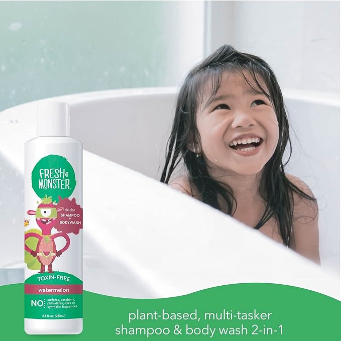 Fresh Monster 2-in-1 Shampoo & Body Wash, Toxin-Free, Hypoallergenic, Natural for Children, Watermelon - 2 Pack, 8.5oz/Each