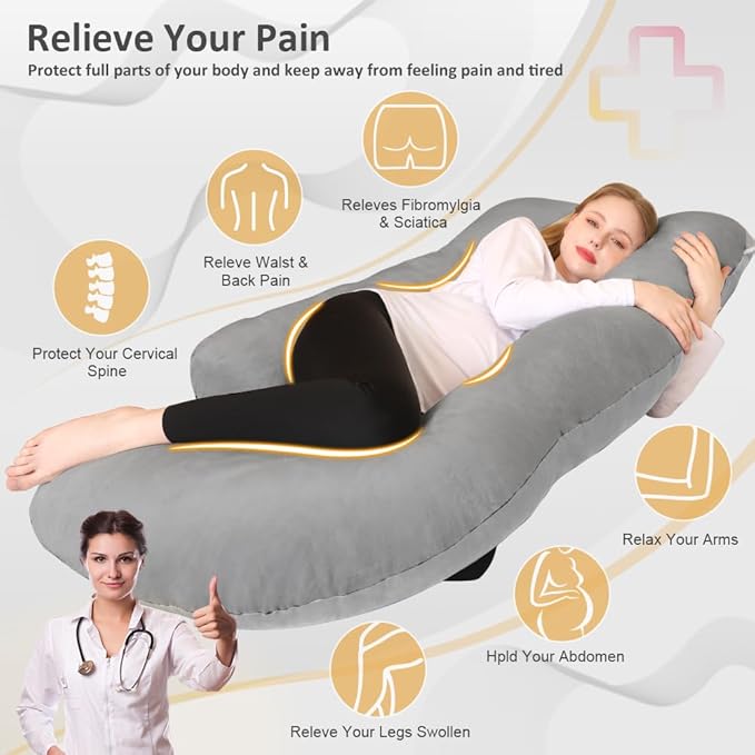 Chilling Home Memory Foam Pregnancy Pillow, J Shape Pregnancy Pillows for Sleeping, Body Pillow for Adults, Maternity Pillow for Pregnant Women, with Velvet Removable Cover, Light Grey