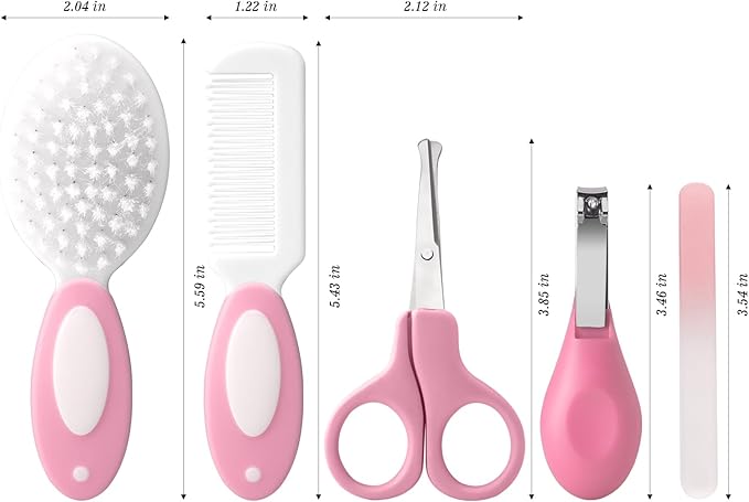 Baby Grooming Kit,Baby Health Care Kit,Baby Brush Soft Bristles 5 pcs Baby Nail Kit Nursery Care Kit Baby Hair Brush Hair Comb Nail Kit Safety Cutter Nail Clipper Set Pink