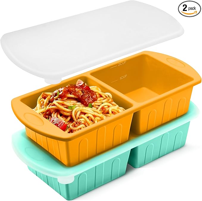 2 Pack Silicone Freezer Trays With Lid For Easy Storage Silicone Soup Freezer Molds 2 Cup ，Perfect For Freezing Broth ,Sauces Store Leftovers Lasagna Stackable, Leakproof, Easy Release Dishwasher Safe