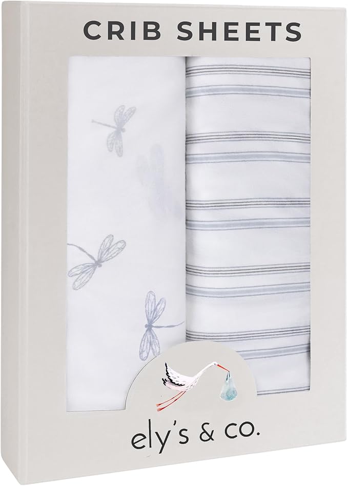 Ely’s & Co. Crib Sheets, Baby Boy Fitted Crib Mattress Sheet Set, 2 Pack, 100% Jersey Knit Cotton, Infant and Toddler Nursery Bedding, 28” x 52” Dragonflies + Stripes Collection
