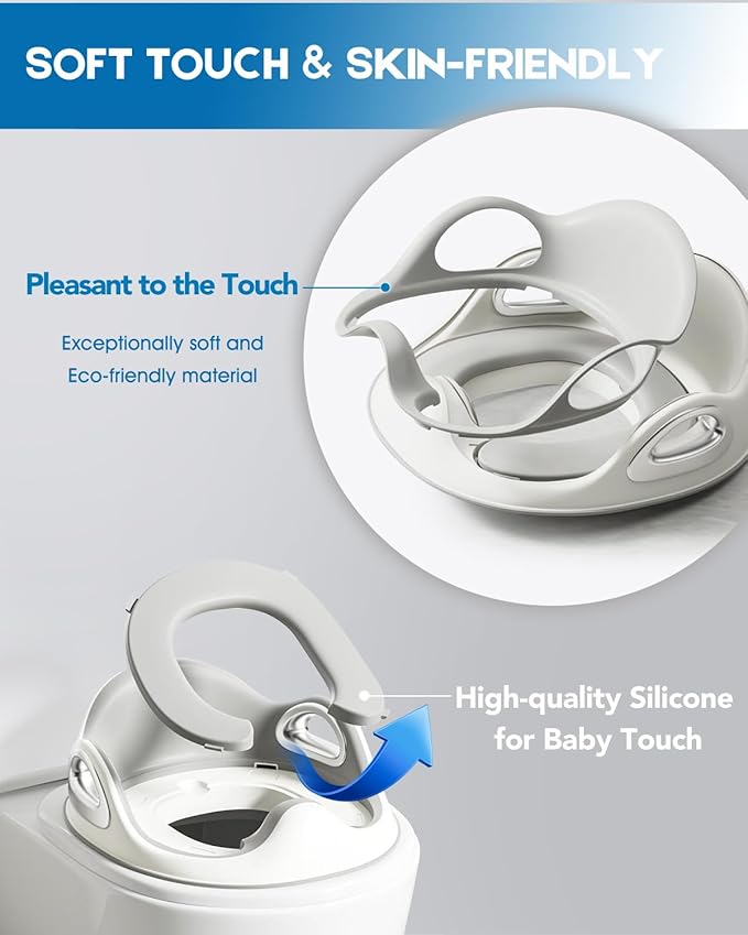 Potty Training Toilet Seat, Toddler Toilet Seat Attachment with Safety Handles, Detachable Soft Cushion, Anti-Slip Design and Splash Guard, Baby Toilet Seats for Kids, Boys and Girls (Grey)