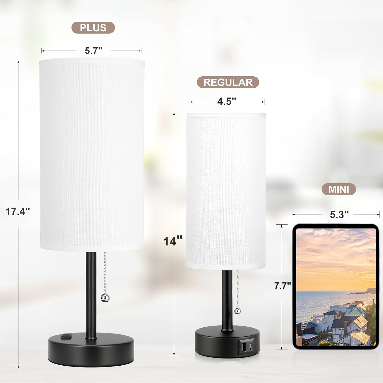 17.4Inches White Bedside Lamp for Bedroom Nightstand - Tall Lamp with USB A + C Charging Port & AC Outlet, 3 Color Temperatures Pull Chain, Side Desk Reading Light for Living Room