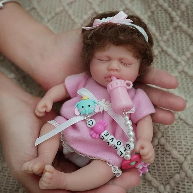 7 Inch Mini Silicone Baby Girl, Full Silicone Realistic Newborn Baby Doll, Long Eyelashes and Thick Hair with Feeding Accessories Gift Box