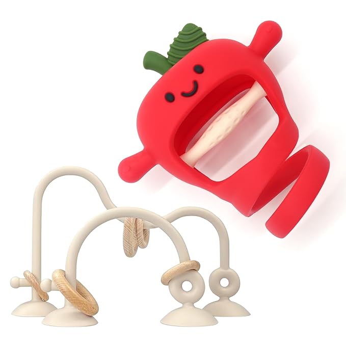 Baby High Chair Suction Toys Teething Chew - Silicone Apple Teething Relief Toys Silicone Teethers Table Toys, Food Grade Silicon for 6 12 18 Months(Red)